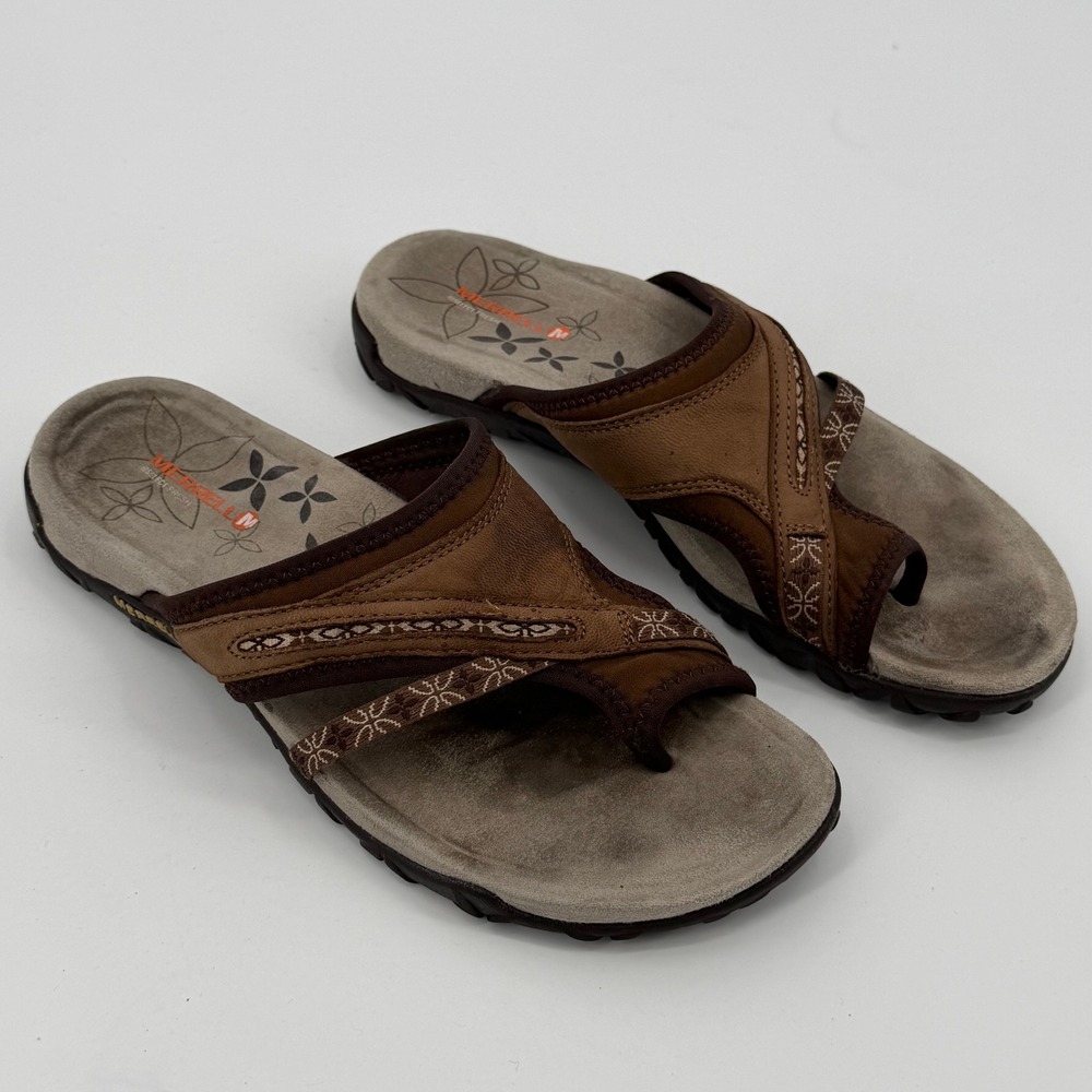Merrell Terran Post II Sandals Womens 8 Dark Brown Leather Slide Comfort